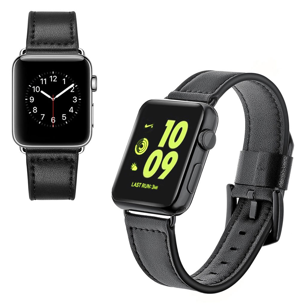 Apple Watch Series 5 40mm / Apple Watch 40mm Ægte læder Rem - Sort#serie_1