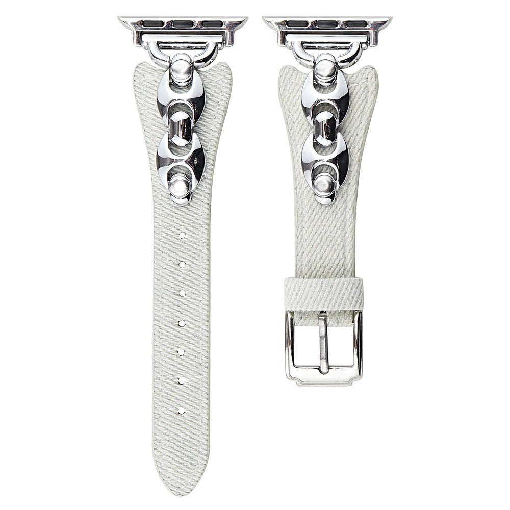 Watch Band Apple Watch Series 10 46mm Metal D-Buckle Denim Leather Strap - White  /  Silver#serie_3