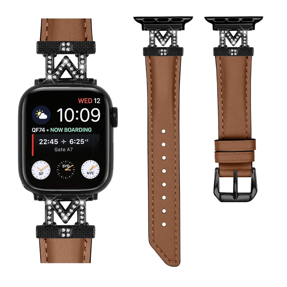 Fint Kunstlæder Og Rhinsten Universal Rem passer til Apple Smartwatch - Brun#serie_6