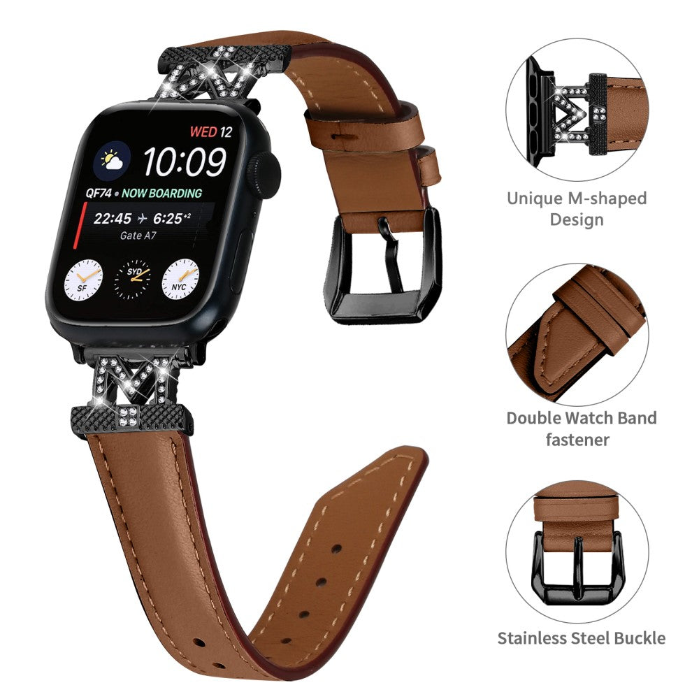 Fint Kunstlæder Og Rhinsten Universal Rem passer til Apple Smartwatch - Brun#serie_6