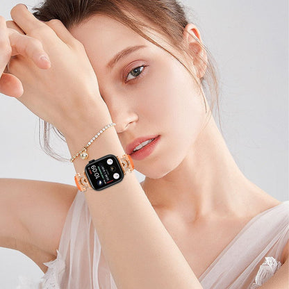 Watch Band Apple Watch Universal 49mm/45mm/42mm Rhinestone M-shape Connector Strap with Rose Gold Buckle - Orange#serie_1