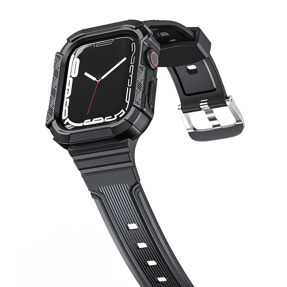 Apple Watch Series 9 / 8 / 7 45mm / 6 / 5 / 4 44mm / 3 / 2 / 1 42mm / SE (2022) 44mm / SE (2023) / SE 44mm Flexible Strap Integrated with Bump Resistant Watch Case - Black+Black#serie_4