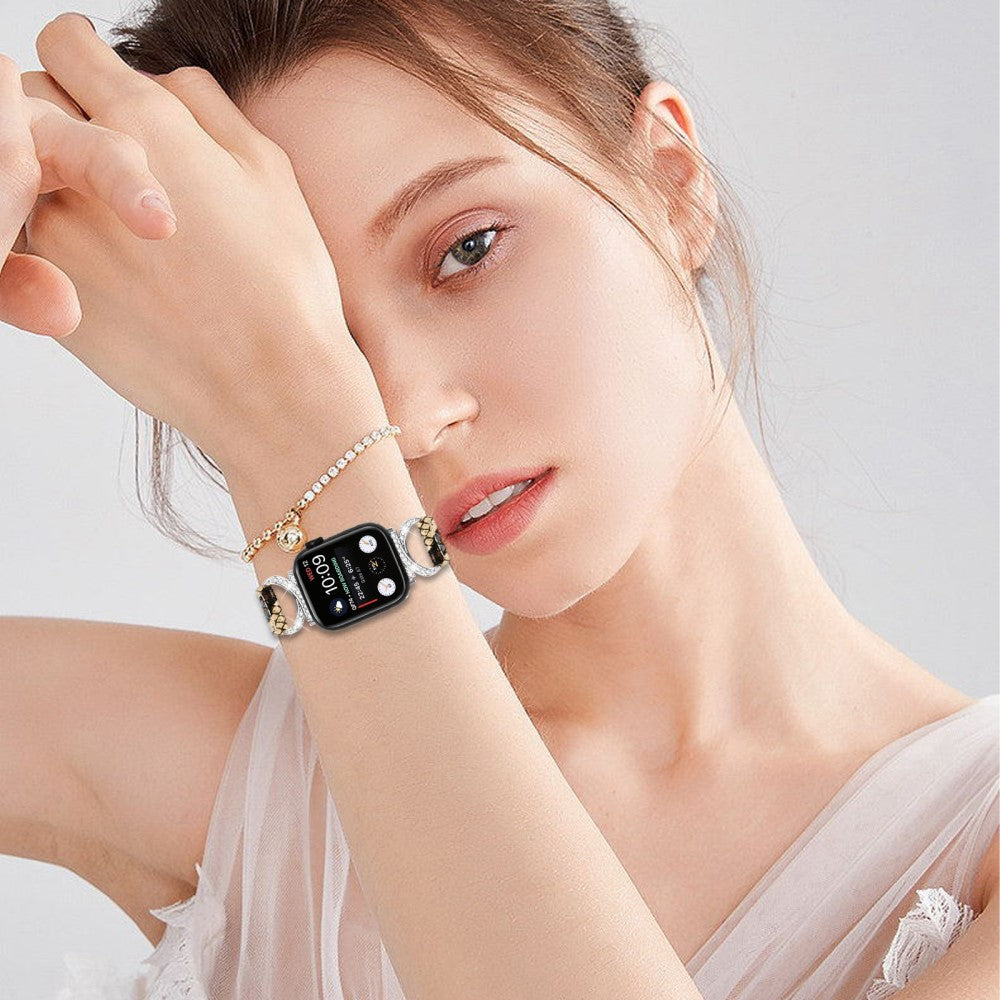 Smuk Ægte Læder Og Rhinsten Universal Rem passer til Apple Smartwatch - Hvid#serie_4