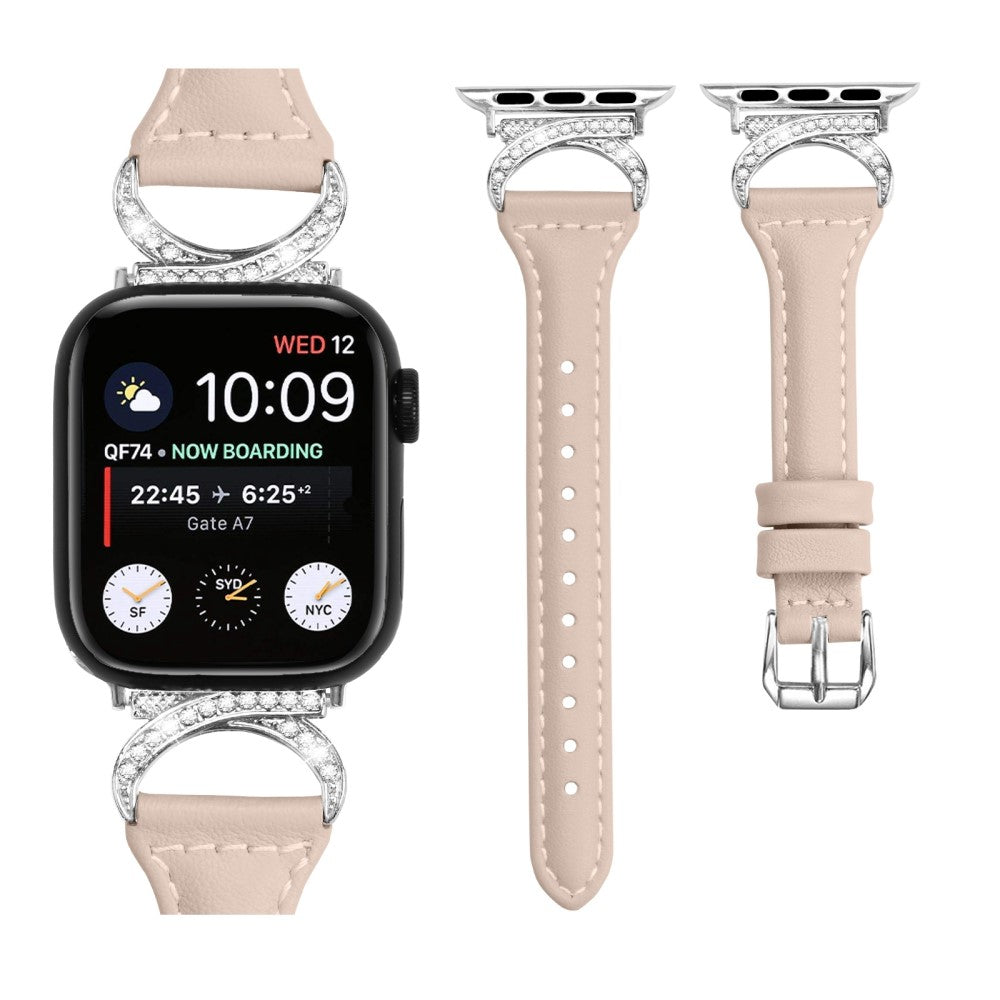 Smuk Ægte Læder Og Rhinsten Universal Rem passer til Apple Smartwatch - Beige#serie_5