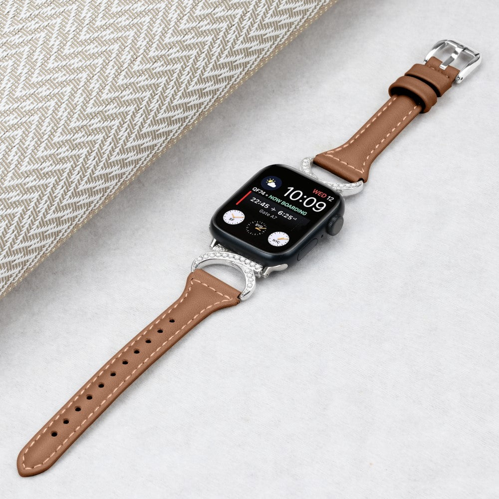 Smuk Ægte Læder Og Rhinsten Universal Rem passer til Apple Smartwatch - Brun#serie_6
