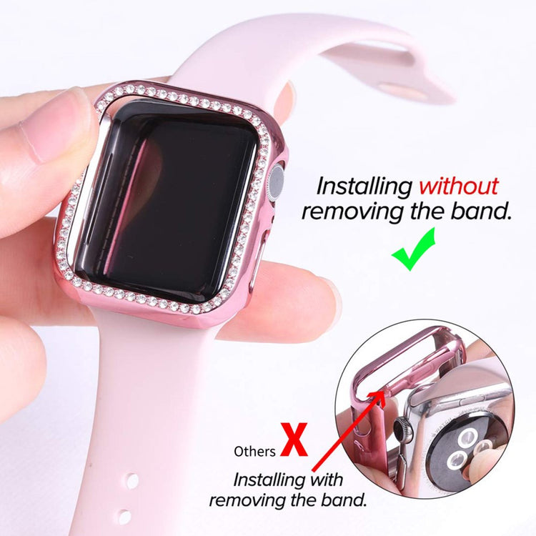 Beskyttende Apple Watch Series 7 41mm Cover med Skærmbeskytter i Plastik og Rhinsten - Pink#serie_1