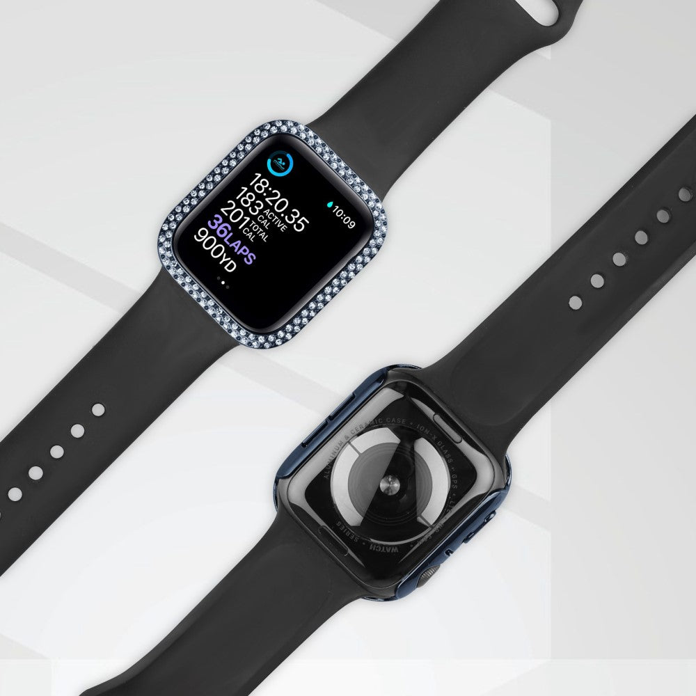 Godt Apple Watch Series 8 (41mm) / Apple Watch Series 7 41mm Cover med Skærmbeskytter i Plastik, Rhinsten og Hærdet Glas - Blå#serie_8
