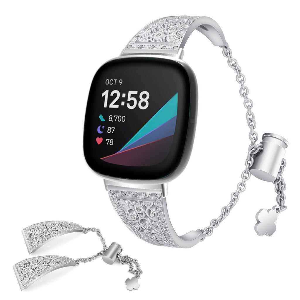 Yndigt Fitbit Versa 3 / Fitbit Sense Metal og Rhinsten Rem - Sølv#serie_2