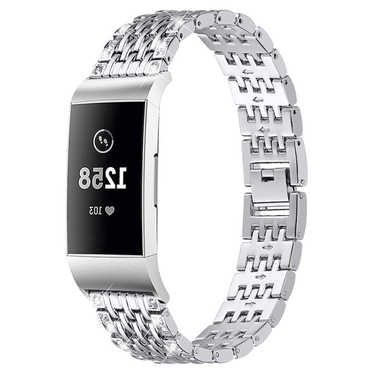 Fed Fitbit Charge 4 / Fitbit Charge 3 Metal og Rhinsten Rem - Sølv#serie_013