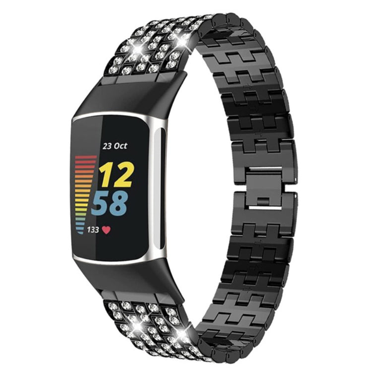 Fed Fitbit Charge 4 / Fitbit Charge 3 Metal og Rhinsten Rem - Sort#serie_1